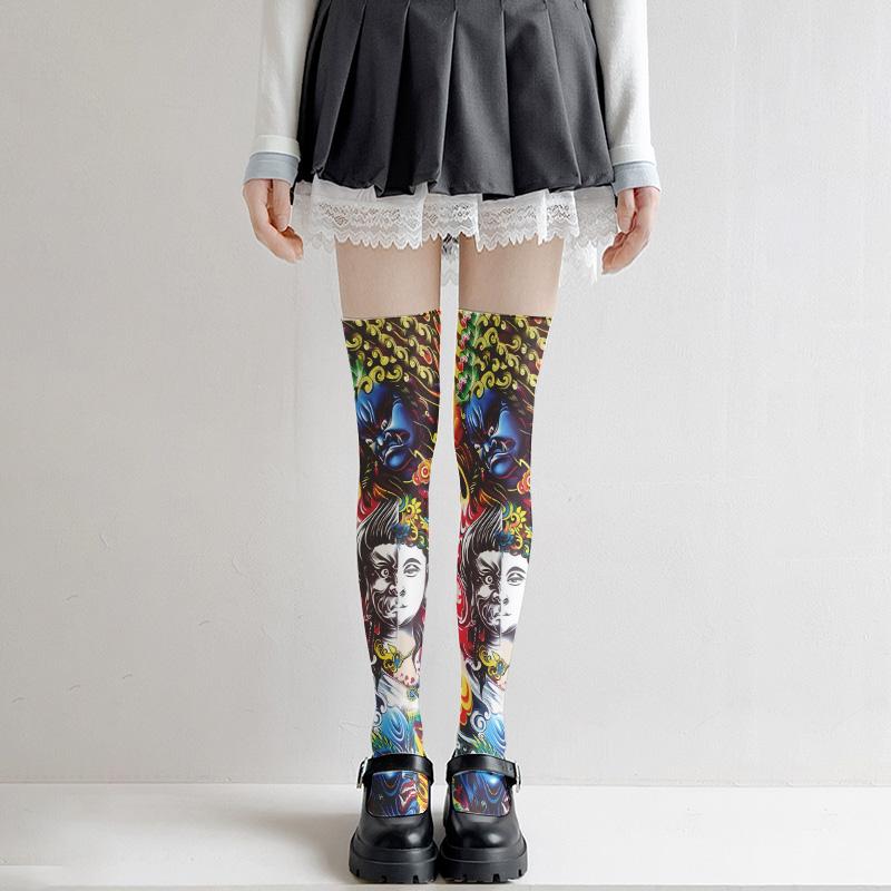 Модные носки с татуировкой на бедрах, чулки с принтом, девушки Лоли, японские сексуальные чулки, тонкие модели, разные размеры