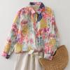 Autumn Women Cotton Linen Blouse Vintage Floral Printed Shirt Casual Button Up Shirts Ladies Top