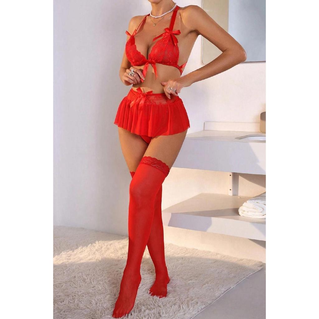 Прозрачный комплект с бюстгальтером и юбкой с кружевными деталями (носки не включены)