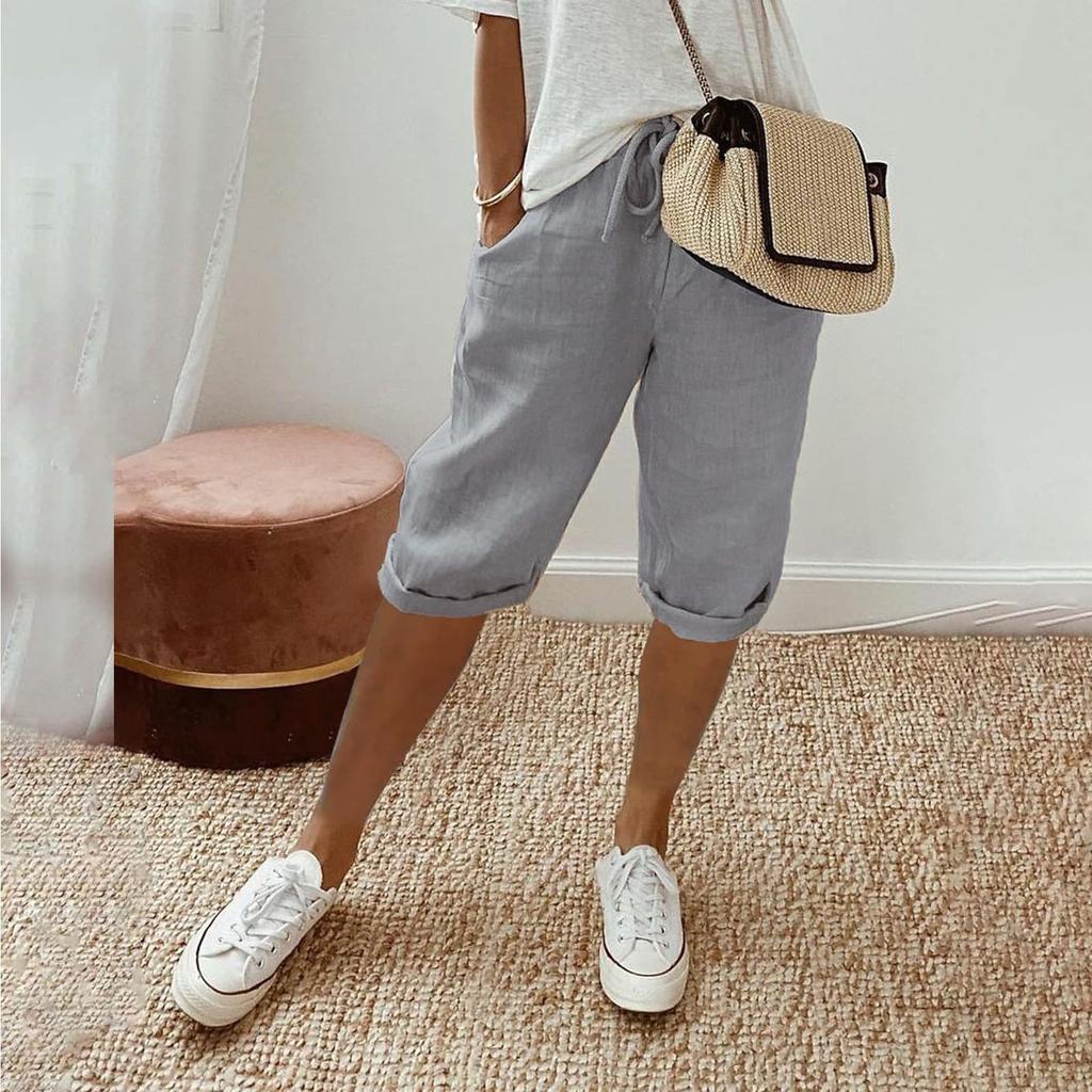 Womens Linen Shorts High Waisted Casual Shorts Drawstring Shorts With Pockets