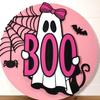 Halloween Wooden Pendant Sign Wooden Pink Ghost BOO Door Decor Fall Farmhouse Outdoor Porch