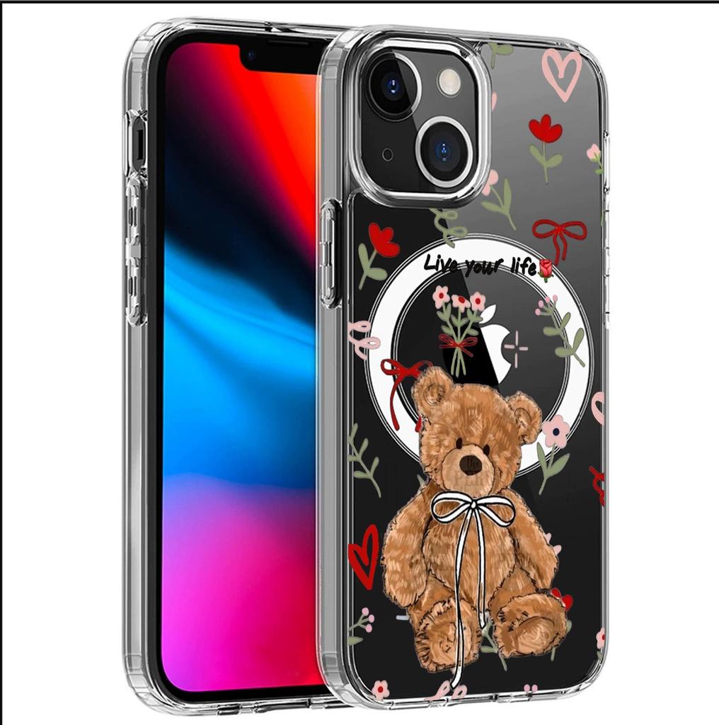 Прозрачный чехол с магнитом и цветочным мишкой для Apple iPhone 14-17 Pro Max