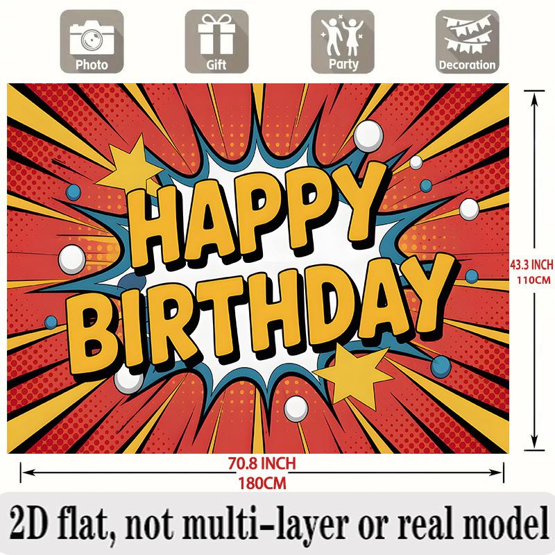 Comic Style Birthday Banner, Red Yellow Background Backdrop Wall Decor for Party