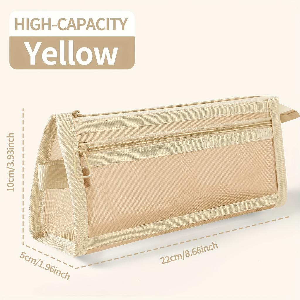 Desk Storage Morandi Grid Mesh Pencil Case, Clear Double-layer Cosmetic Makeup Bag with Zipper & Handle