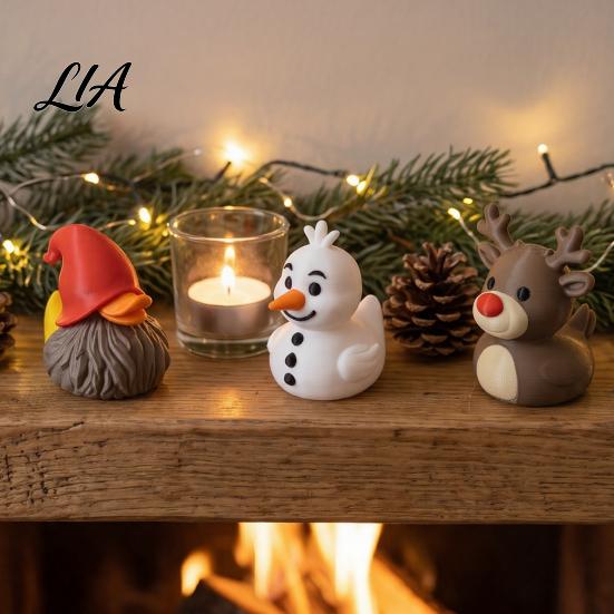 Winter Atmosphere Table Accents 3Pcs Christmas Duck Figurines, 3D Printed Squad, Gnome, Reindeer Miniature Animal Desk Decor & Snowman