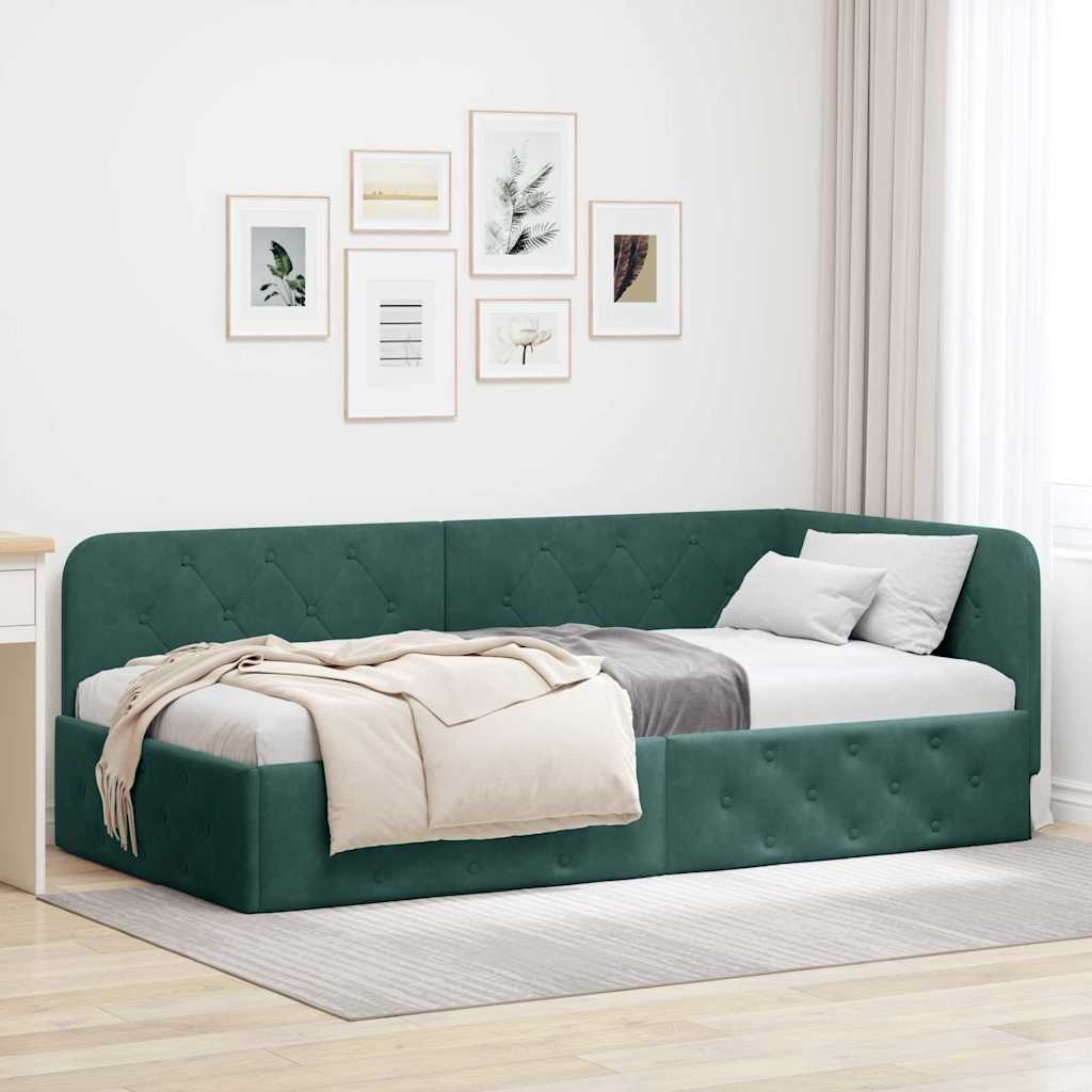 Corner Bed Frame Dark Green 90 x 190 cm Velvet