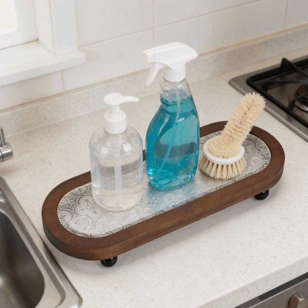 Large Capacity Oval Wooden Decorative Tray Round Ball Feet Toothbrush Cup Holder Bedroom