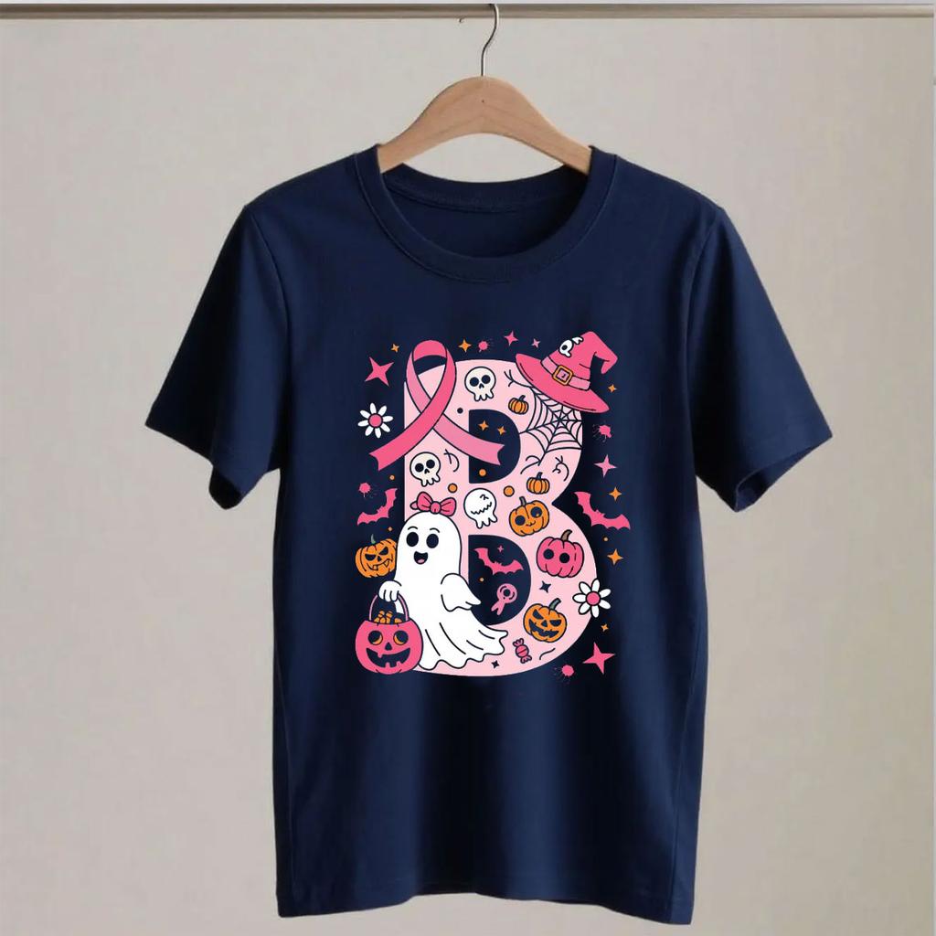 Breast Cancer Awareness Ghost Pink Ribbon Patchwork Halloween Hope Strength Faith Spooky Graphic T Shirts for WoUINISEX Harajuku