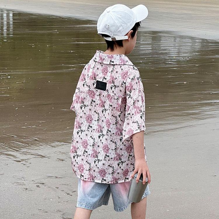 Boys Summer Thin Floral Shirt Short Sleeve Top Cool Casual Kids Clothing
