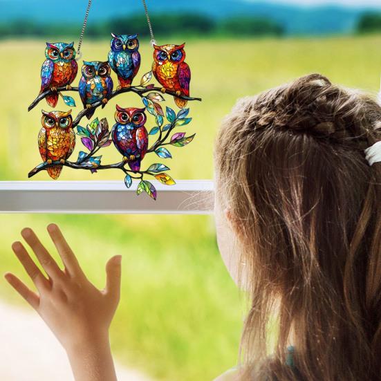 Owl Ornament Stained Glass Blue Green Sun Catcher Enchanting Birds