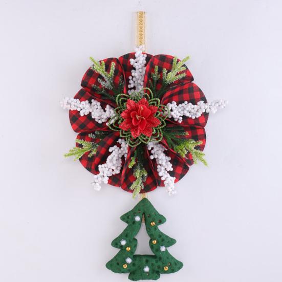 Christmas Wreath Decoration Red Artificial Poinsettias Buffalo Plaid Wreath With Star/Tree Ornament