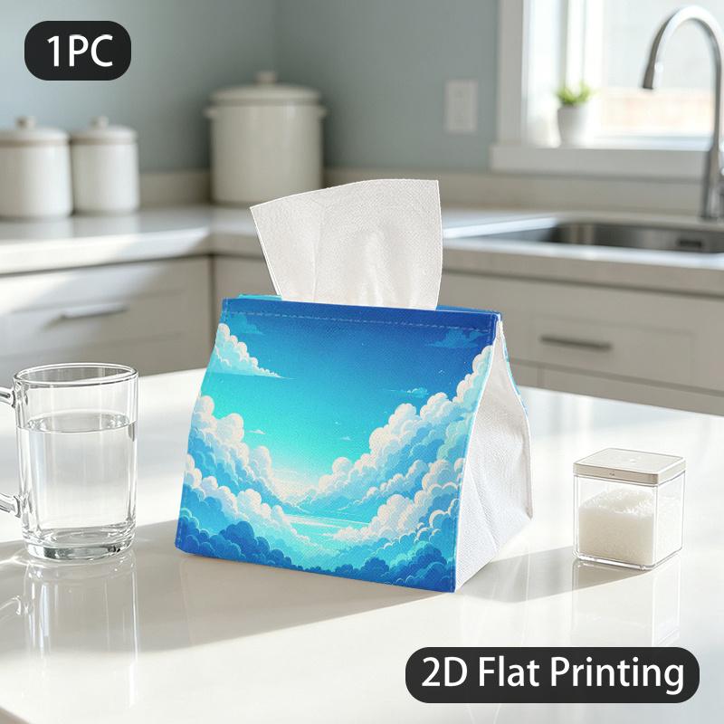 1pc Tissue Box, Cartoon Style Clouds Sky Stars Serene Bright Pattern, 2D Flat Printing, Made from Tough Polyester, Built to Last, Tissue Holder, for F