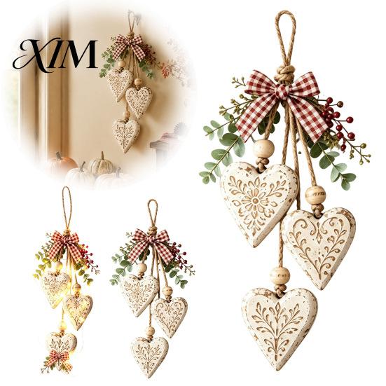 Wooden Hanging Ornaments for Home Heart-Shaped Decorative with LED Light, Rustic Farmhouse Heart Wall Pendant Indoor Decorations Bedroom Vintage Beads