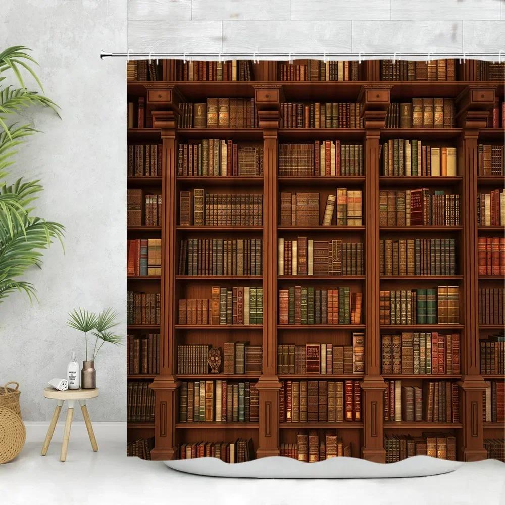 Vintage Library Shower Curtain Old Book Bookshelf Candle Magic Wooden Antique Polyester Fabric Bathroom Decora Curtain Washable