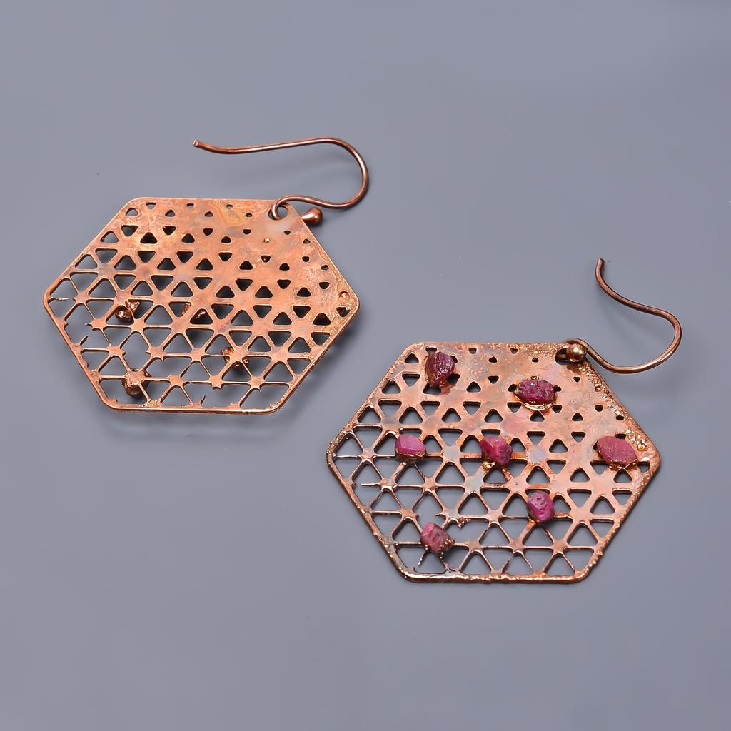 Серьги-подвески из меди с розовым рубином, гальванопластика, подарок для друга, ювелирные изделия V-45