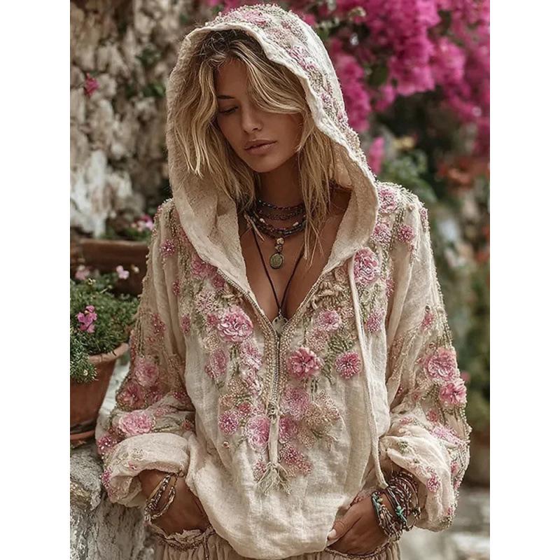 2025 Hooded Zip-up Sweatshirt with Trendy Japanese Cherry Blossom Art Print