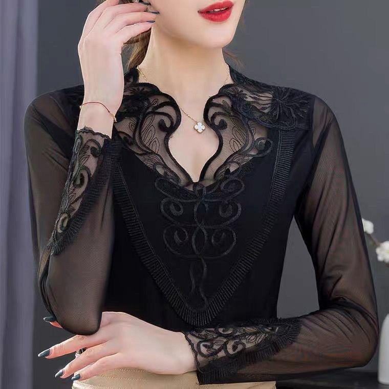 Mesh Bottoming Shirt Women's Spring Autumn New Black T-shirt Fashion Long Sleeved Top M-5XL