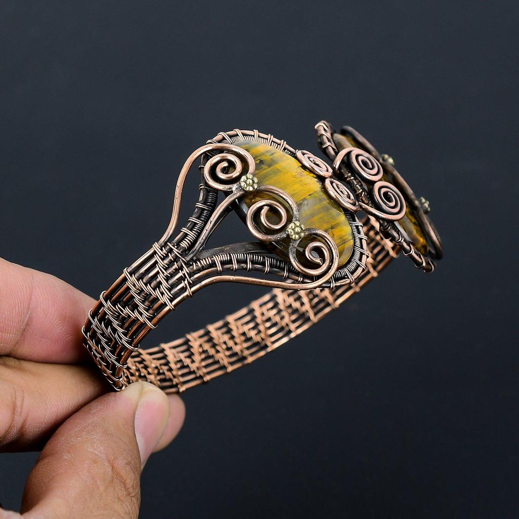 Драгоценный камень «Голубой тигровый глаз» из чистой медной проволоки, завернутый в манжету/браслет ручной работы, регулируемые ювелирные изделия