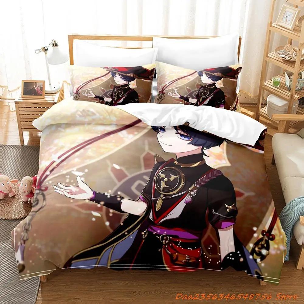 Sale Game Genshin Impact Scaramouche Bedding Collection Cartoon Anime ThreePiece Set Adult Kid Bedroom Duvetcover Collections 3D Kawaii