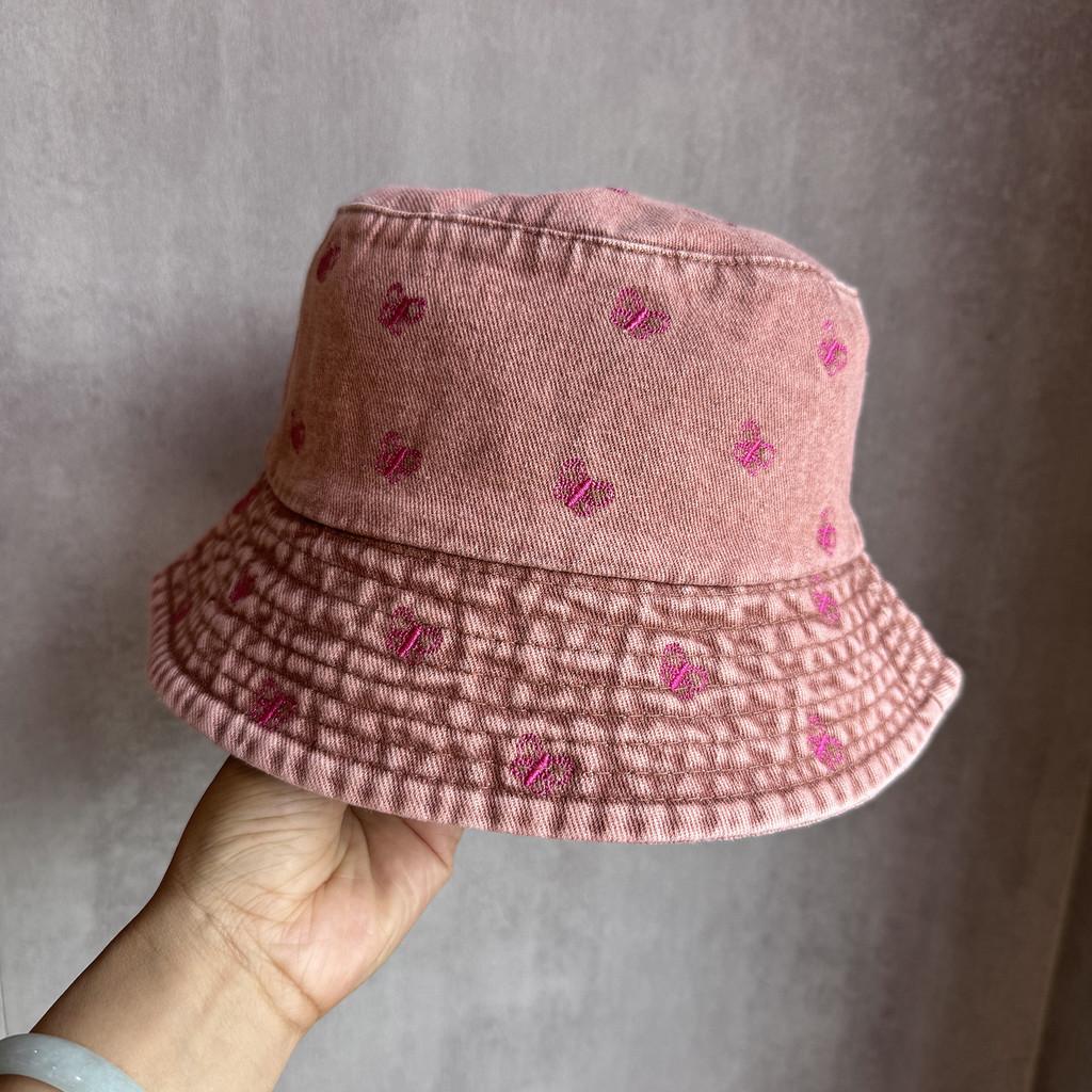 Summer Sun Shade Bucket Hat With Cotton Denim Material And Embroidered Cartoon For Women