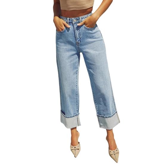 Women Baggy Jeans High Waisted Wide Leg Denim Pants Stretchy Cuffed Hem Straight Boyfriend Jeans with Pockets