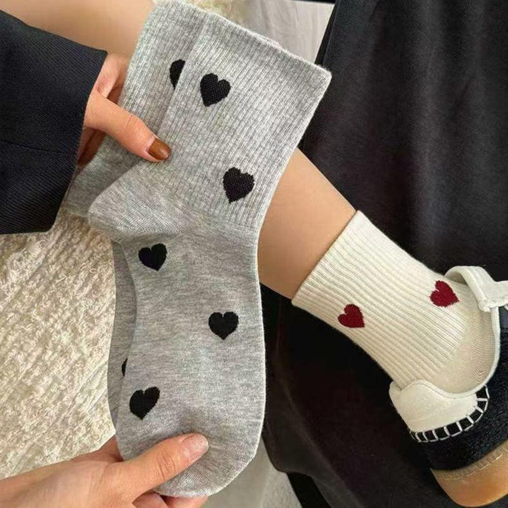 5Pairs Harajuku Patchwork Color Socks Heart Pattern Mid Tube Socks Love Mid-Calf Socks  Sports