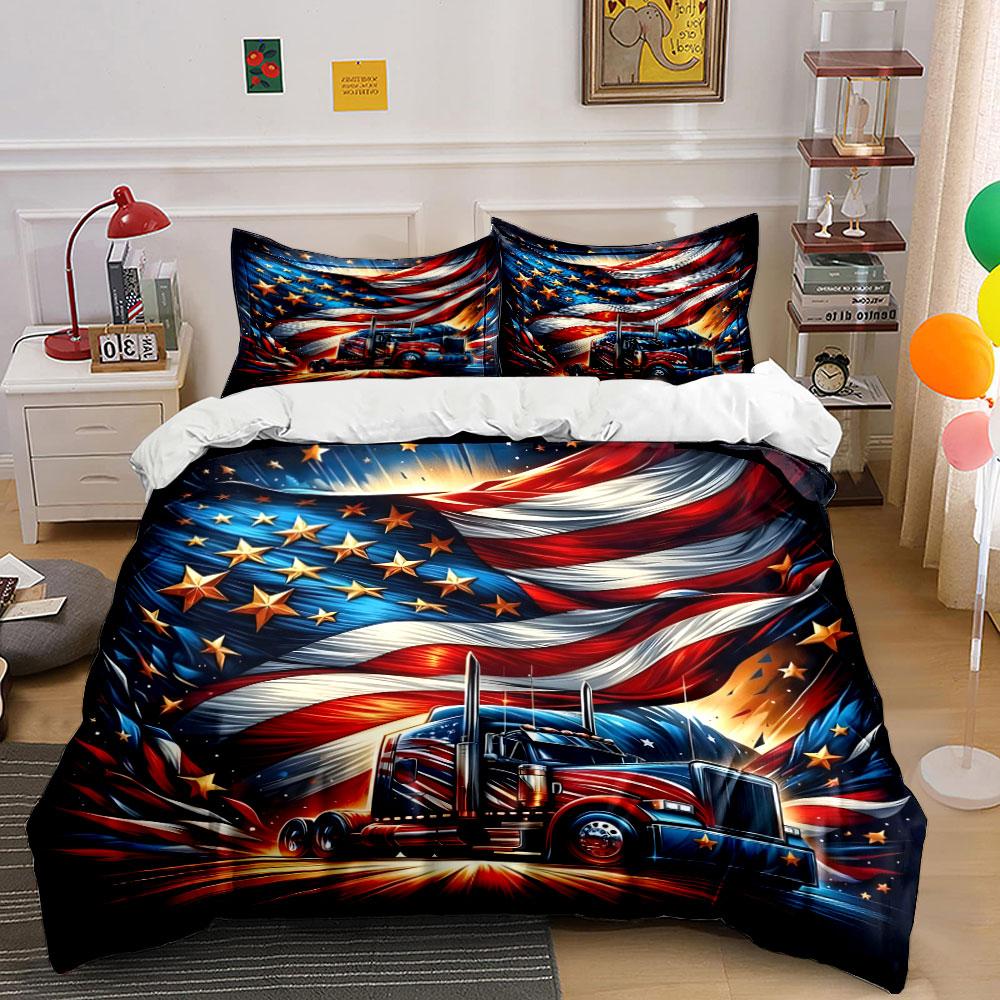 American Flag with Truck Design Bedding Duvet Cover Set Duvet Cover Pillowcases (1 * Duvet Cover 2 * Pillowcases, without duvet insert)