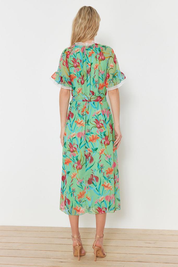 Женское модное новое платье-хиджаб с зеленым цветочным принтом и короткими рукавами с рюшами и подкладкой из шифона