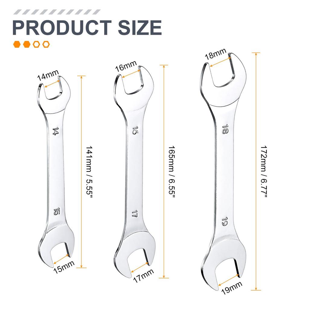 Uxcell Double Thin Wrench Metric Small Flat Head Mirror for Auto Repair and Furniture Assembly 3-Piece Open-End Set, 14x15/16x17/18x19mm, Ultra-Thin,