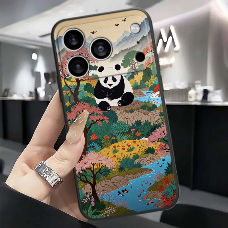 Мультяшный Аниме Панда Милый Для Apple iPhone 17 16 16E 15 14 13 12 11 Pro Max Plus Черный Мягкий Силиконовый Чехол для Телефона