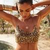 Women's Low Cut Backless Leopard Sequin Halter Deep V Neckless Top