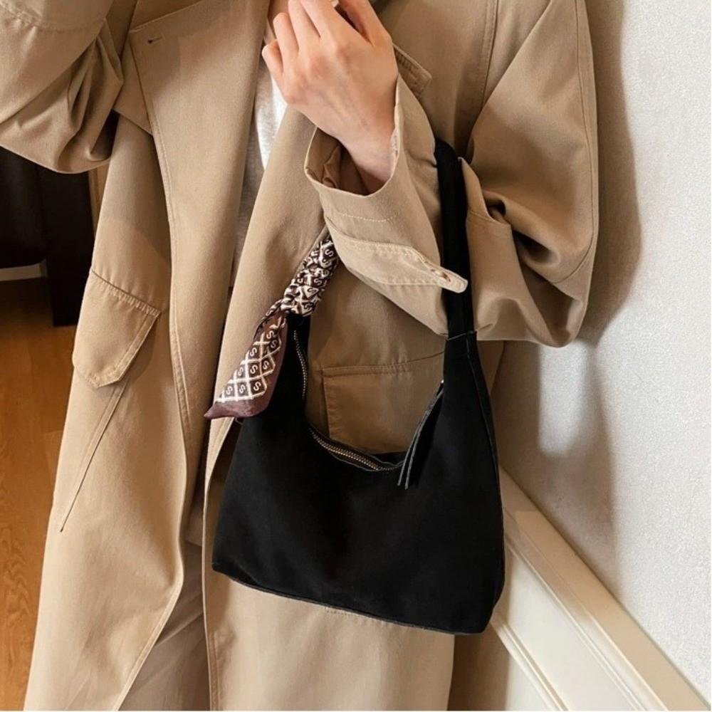 Fashion Faux Suede Underarm Bag Solid Color with Silk Scarf Decoration Shoulder Bag with Zipper Daily Use Tote Bag Women