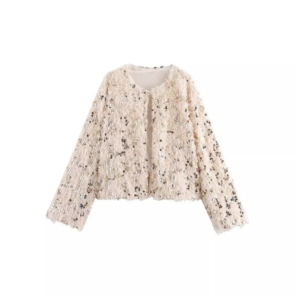 Short Feather Sequins Knitted Cardigan Women Temperament Elegant Round Neck Long-sleeved Jacket