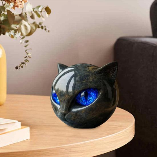 Чёрный кот Камень Голова кота Скульптура Мраморная текстура Целебные камни