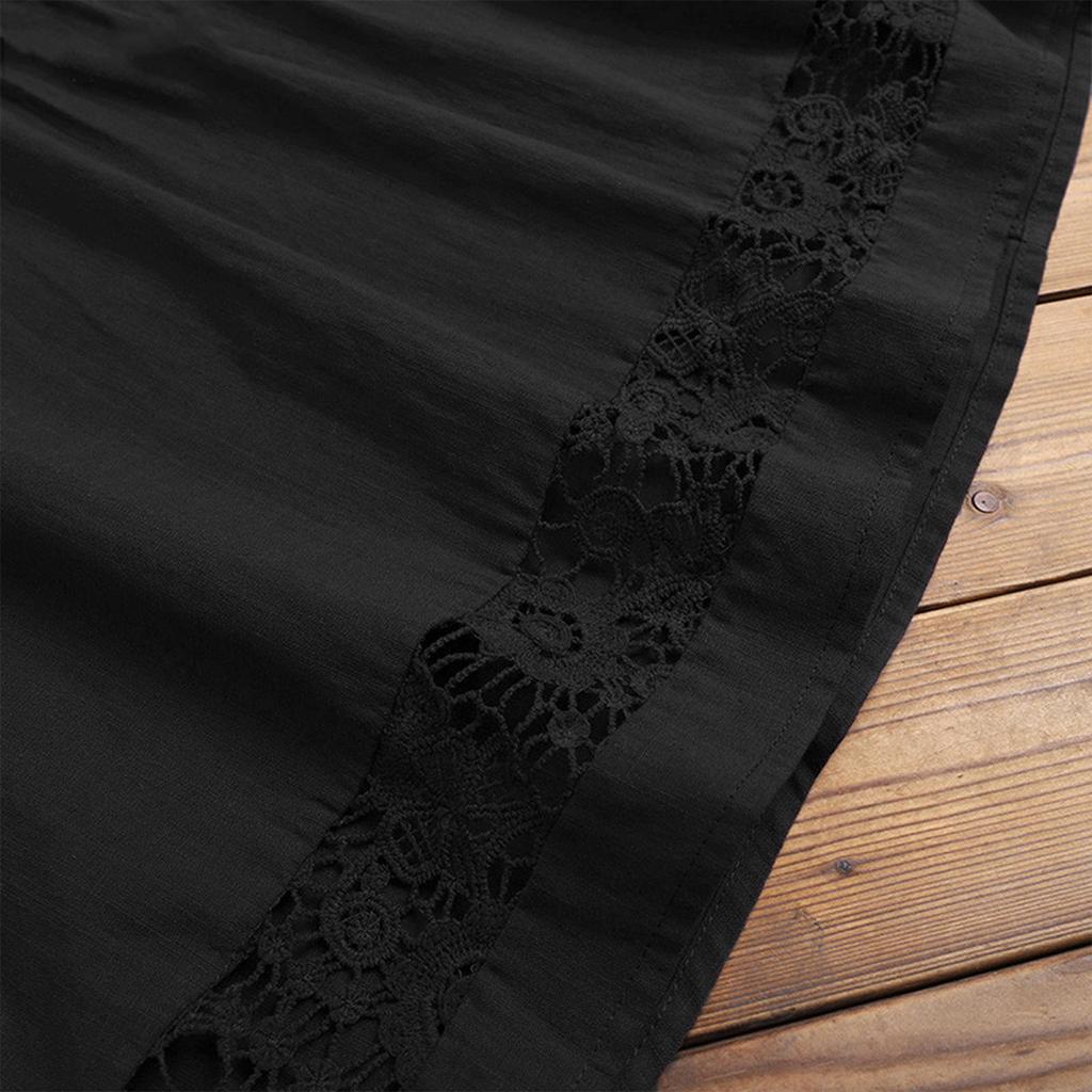 Women's Fashion Casual Loose Pleated Lace Hollow O-Neck Blouse Top