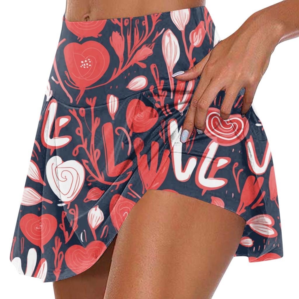 Женская мода с принтом на День Святого Валентина, повседневная спортивная фитнес-беговая йога, теннисная юбка, плиссированная короткая юбка, шорты, полуюбка