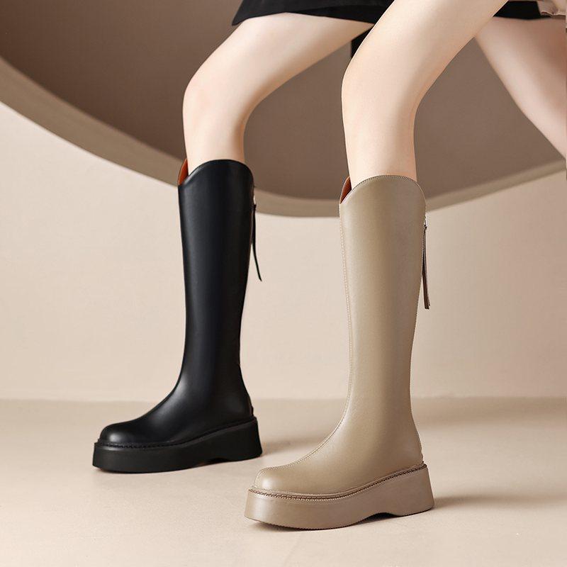 Krazing Pot Осенне-зимняя обувь из коровьего спилка, сапоги для верховой езды на толстой платформе, с круглым носком, сохраняющие тепло, на молнии, высокие сапоги до бедра