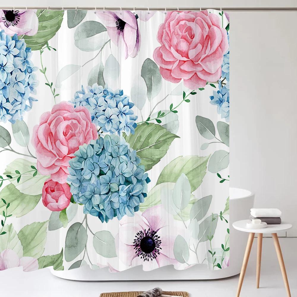 Watercolour Flowersleaves Shower Curtain Morden Art Floral Waterproof Fabric Bathroom Curtains Room Decor Curtain With Hooks