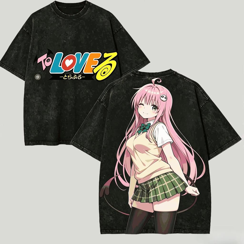 To LOVE-Ru Anime T-shirt Vintage Washed Y2K Aesthetic Unisex Oversized Short Sleeve Summer Cotton Graphic Tee Casual Harajuku Streetwear Tops
