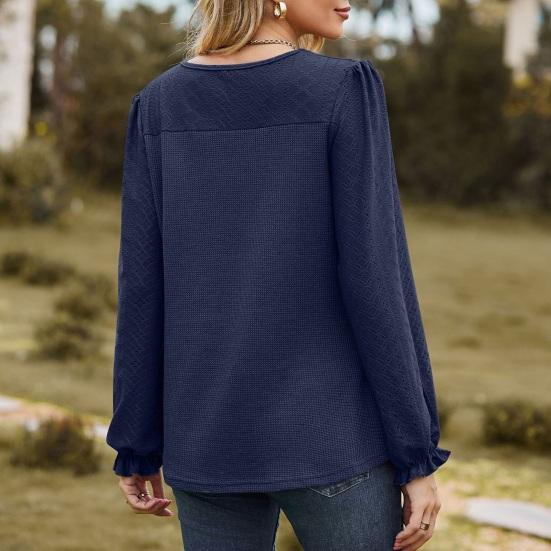 Women Tops Round Neck Puff Long Sleeve Solid Color Tee Shirt with Waffle Decoration Solid Color Loose Fit T-shirt