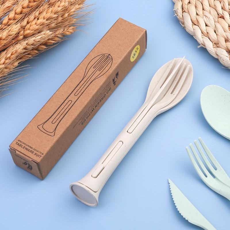 3Pcs Detachable Cutlery Travel Tableware Picnic Dinnerware Travel Portable Cutlery Set Wheat Straw Cutter Fork Spoon