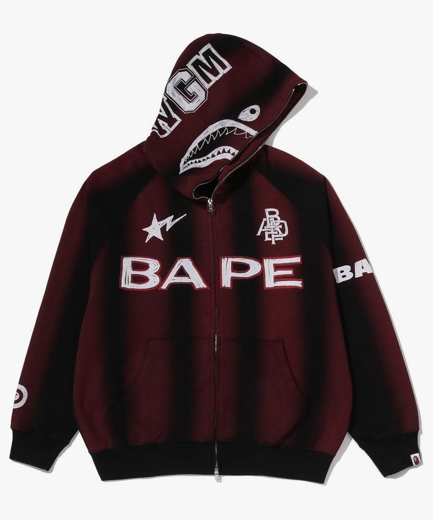 Bape Худи на молнии свободного кроя с ручным рисунком "Футбольная акула" (M) черный