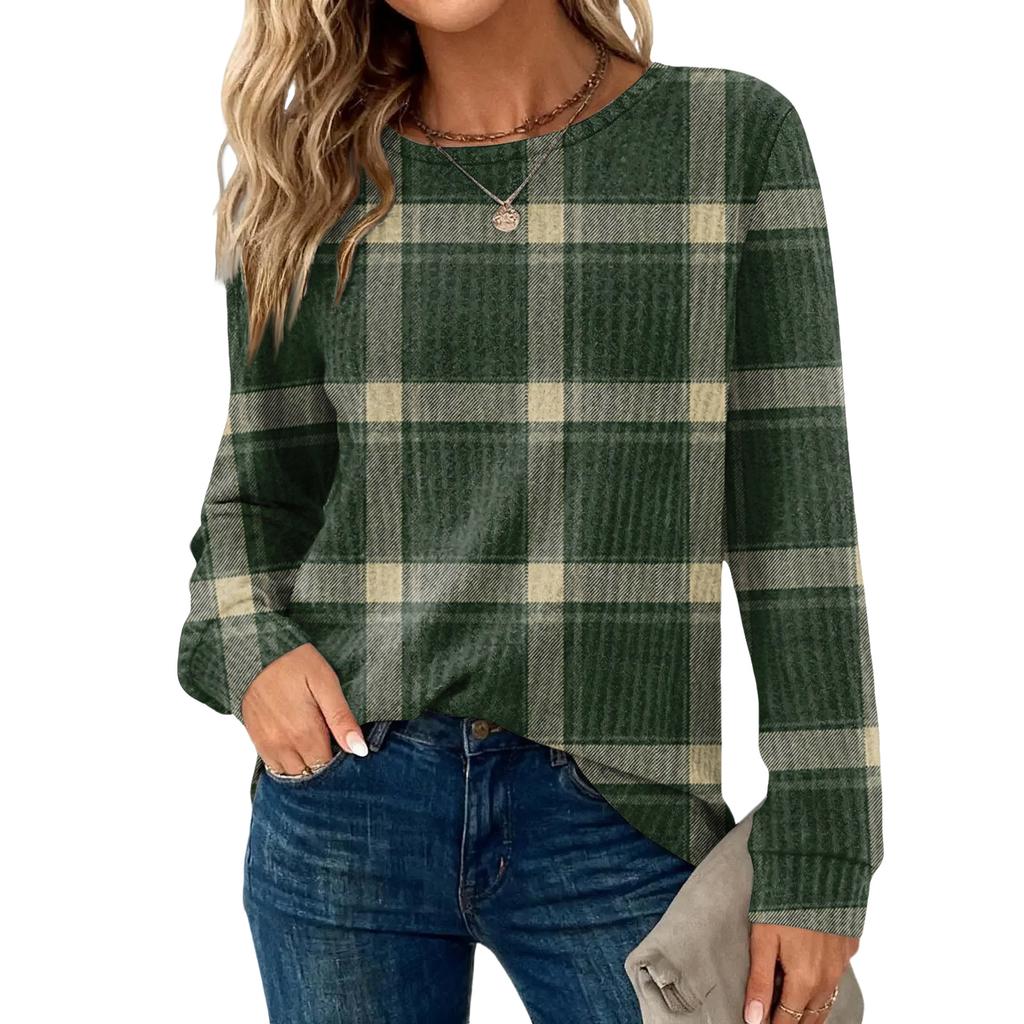 Женский повседневный топ свободного кроя с круглым вырезом и длинными рукавами в клетку