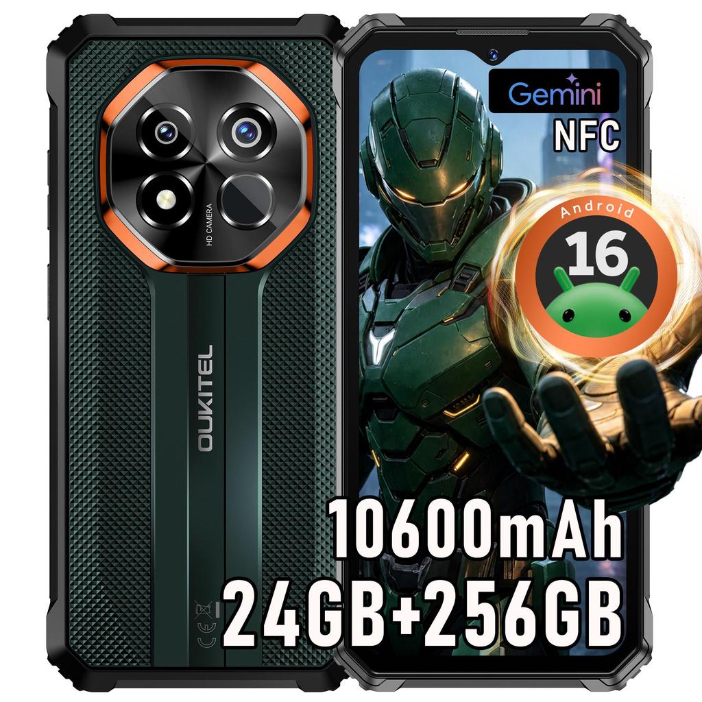 Oukitel Защищенный смартфон G7 Android 16, 24 ГБ + 256 ГБ / 1 ТБ, 10600 мАч, 6,52-дюймовый дисплей, 64-мегапиксельная камера, 4G Dual SIM / IP68 / IP69K / GPS / OTG / Отпечаток пальца