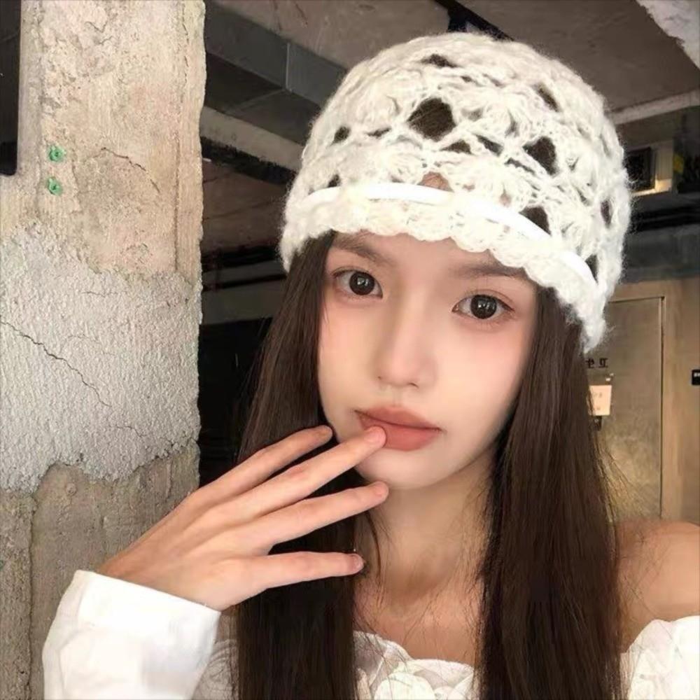 Bohemian Style Knit Beanies Bow Weave Cap Cute Crochet Hollow Knitted Hat Apparel Accessories