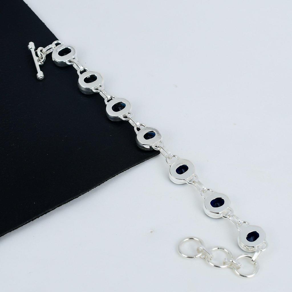 Изящный синий сапфир драгоценный камень браслет ручной работы из стерлингового серебра 925 пробы, синий сапфир браслет для жены, унисекс браслет ватин подарок
