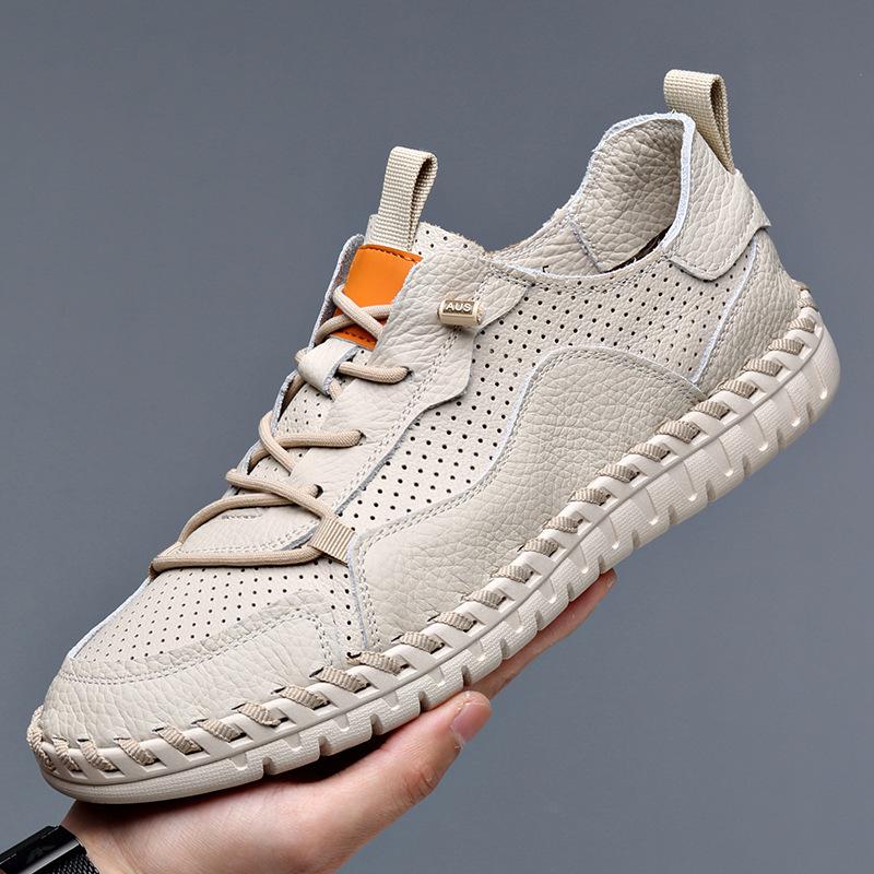 2025 New Hollow First Layer Cowhide Men's Small Leather Shoes Breathable Soft-soled Doudou Shoes Glue-free Hand-sewn Shoes