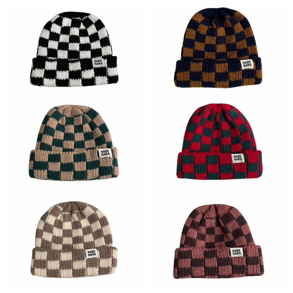 Korean Style Pullover Hat Keep Warm Knitted Cap Soft Plaid Beanie Hat  Outdoor