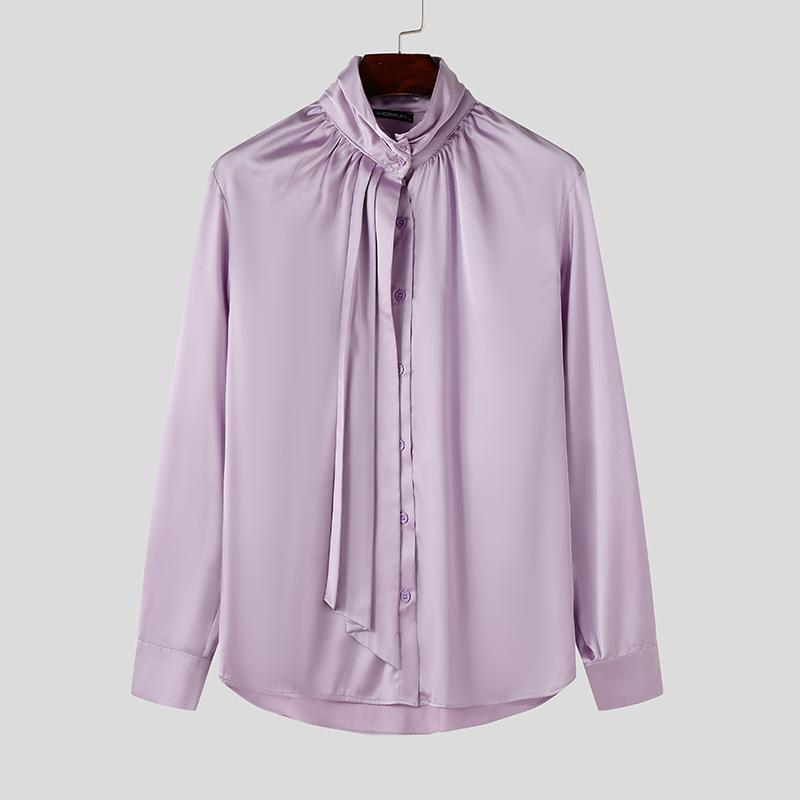 INCERUN Men High Neck Tie Up Ruffled Solid Shirts Casual Long Sleeve Tops