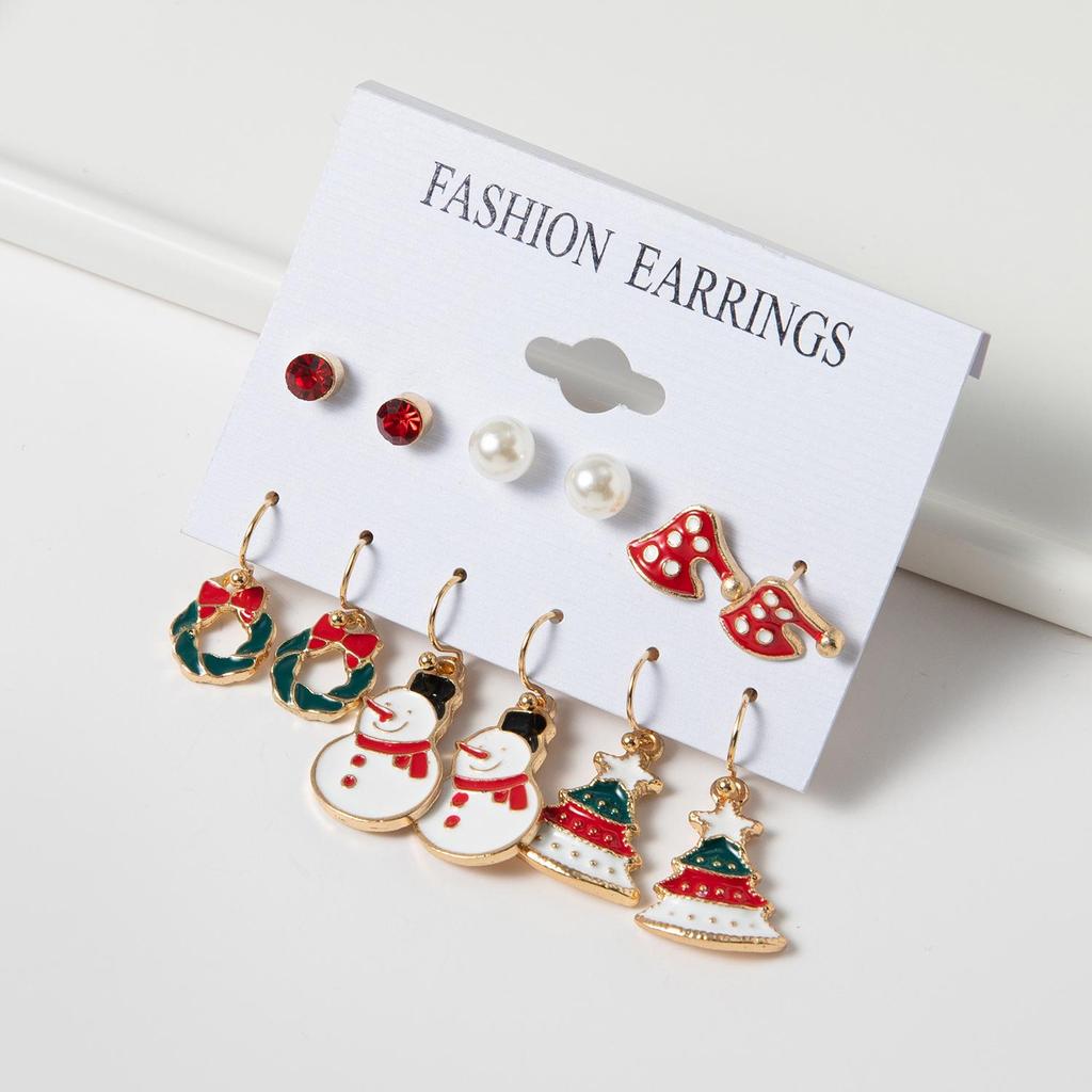 Santa Claus & Christmas Tree Drip Oil Earrings Set - 6 Pieces